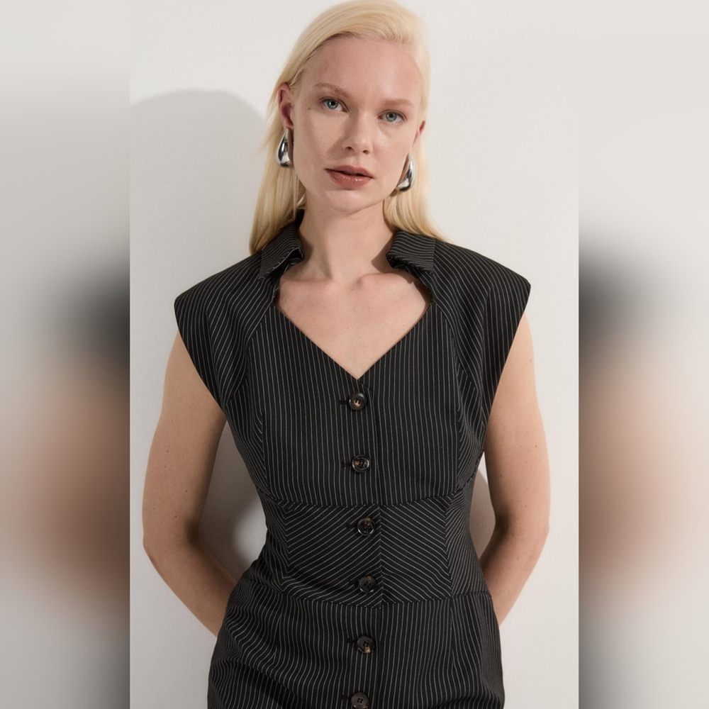 Karen Millen Pinstripe Corseted Tailored Pencil Midi DressSize 8 US - Picture 3 of 9